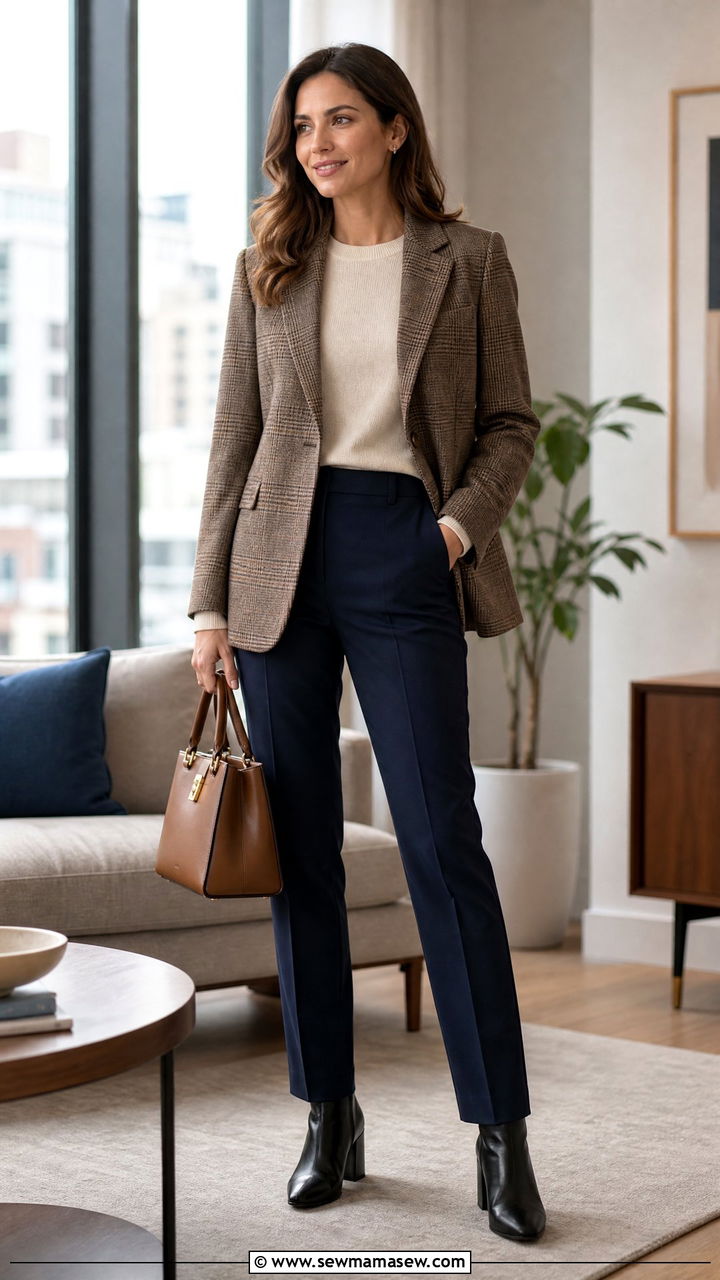 Plaid Blazer with Navy Trousers and Ankle Boots - 30 Marketing manager outfit ideas