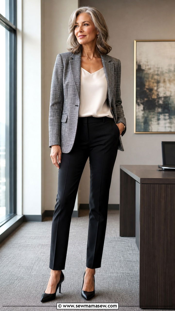 Plaid Blazer with Slim Trousers - 40 Outfit ideas for women over 50