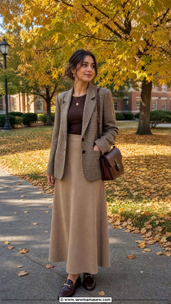 Plaid Blazer with Solid Maxi Skirt Outfit - 30 modest classy outfits ideas