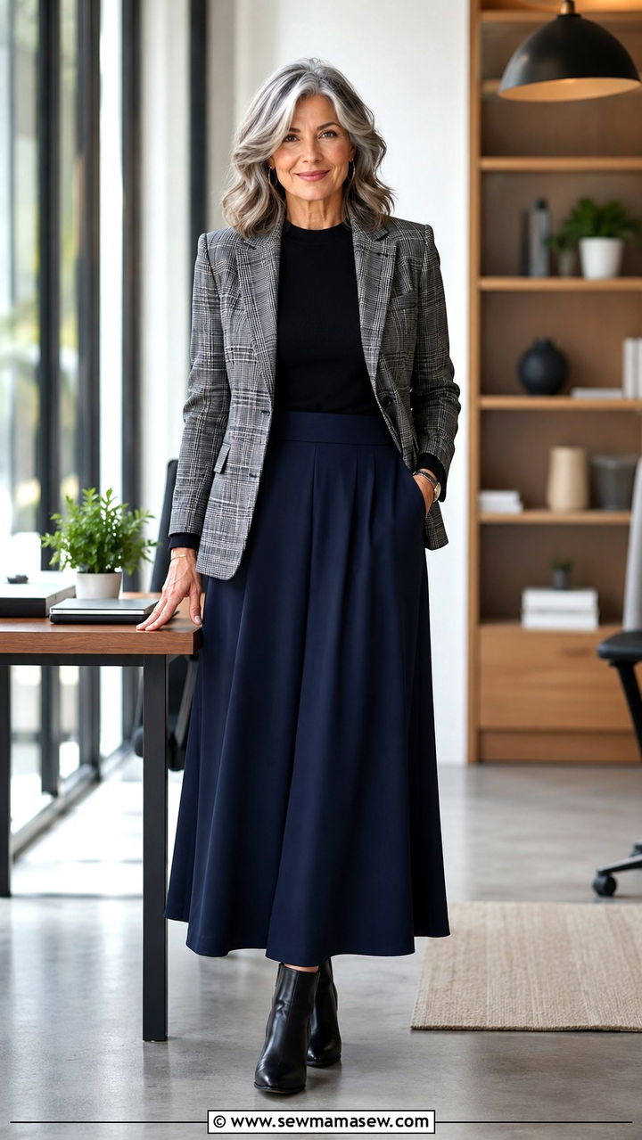 Plaid Blazer with Solid Maxi Skirt - 30 Modest outfit ideas for women over 50