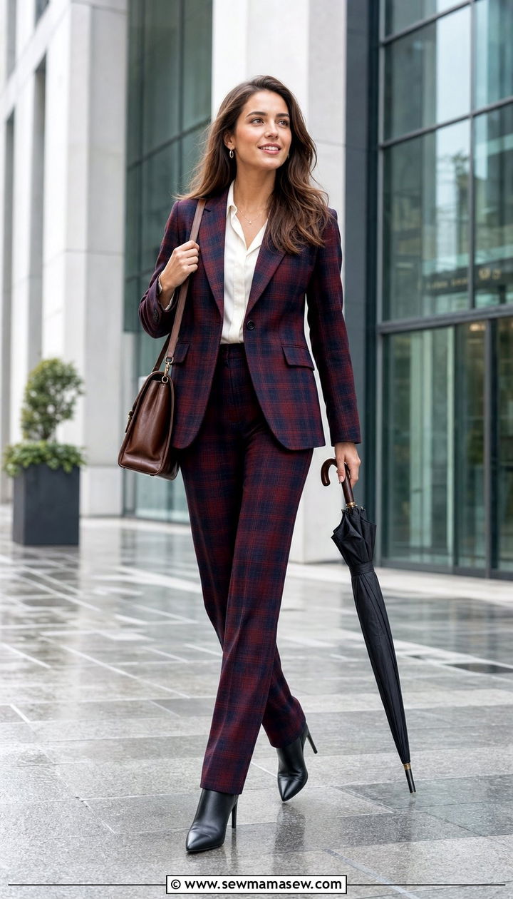 Plaid Blazer with Straight Leg Trousers and Heeled Ankle Boots - 25 Drizzle outfit ideas
