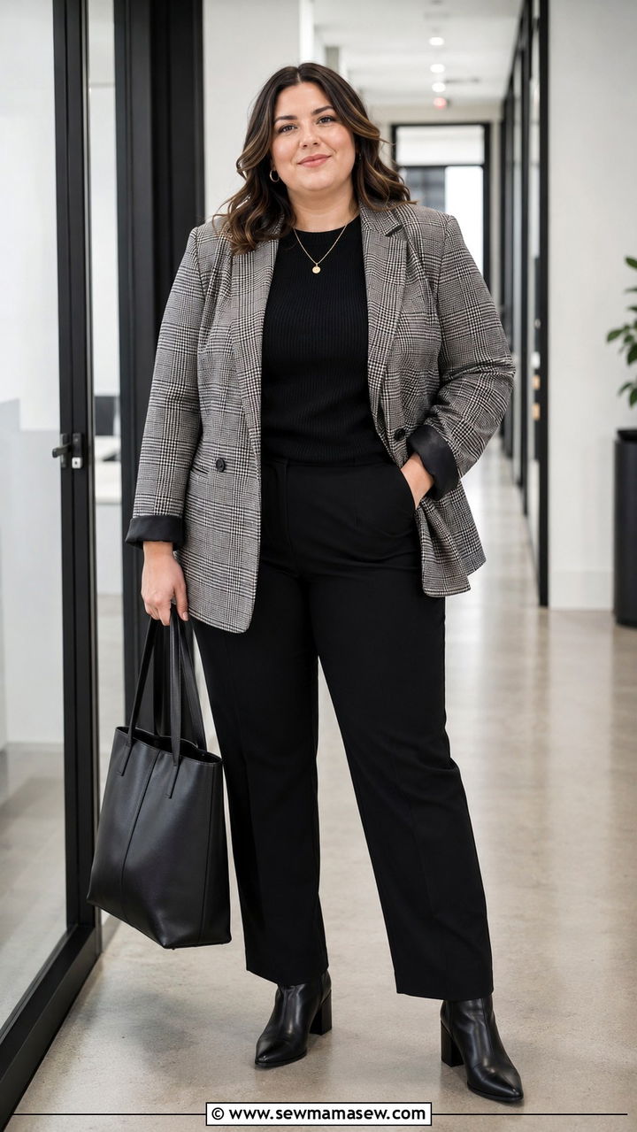 Plaid Blazer with Straight Leg Trousers - 30 Plus size corporate outfit ideas