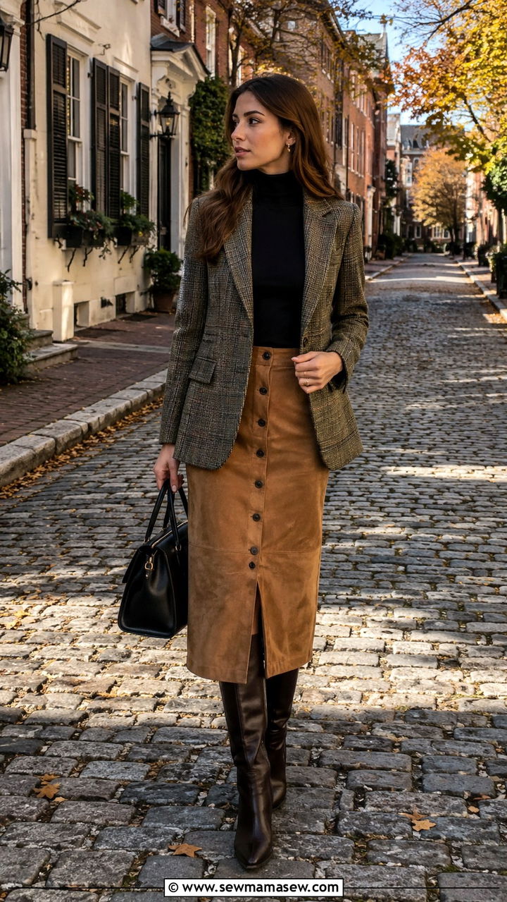 Plaid Blazer with Suede Midi Skirt and Knee Boots - 30 old money outfits inspo