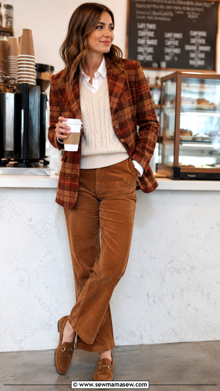 Plaid Blazer with Sweater Vest and Corduroy Pants Outfit - 30 transitional blazer outfit ideas