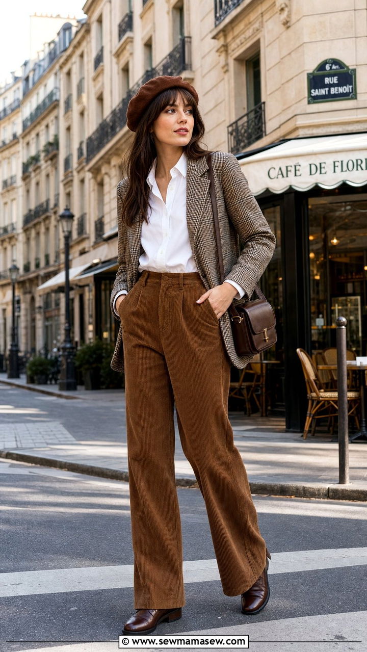 Plaid Blazer with White Shirt and Corduroy Trousers and Brown Beret - 25 classy light academia outfits