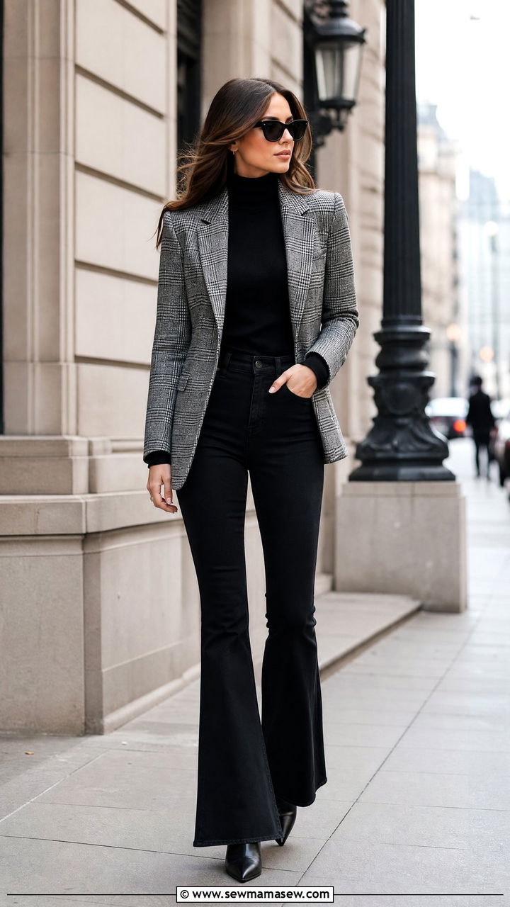 Plaid Blazer with a Black Turtleneck and Black Flare Jeans - 30 Flare jeans outfit ideas with a blazer
