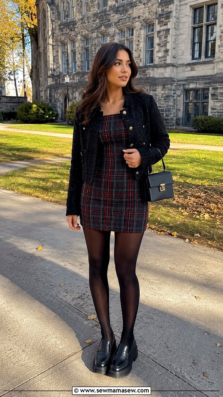 Plaid Bodycon Dress With Tights And Loafers - 30 Bodycon dress outfit ideas with tights