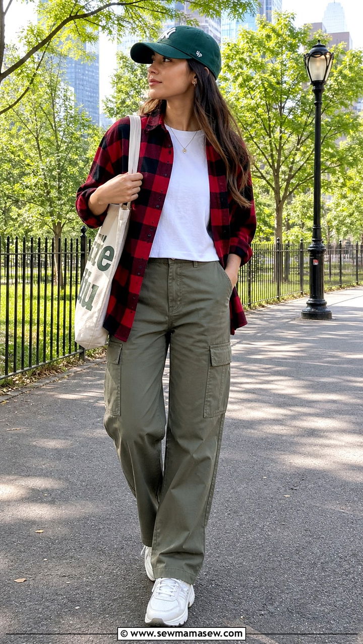 Plaid Button Down Open Over a White Tee with Cargo Pants - 20 Button down shirt outfit ideas 2026