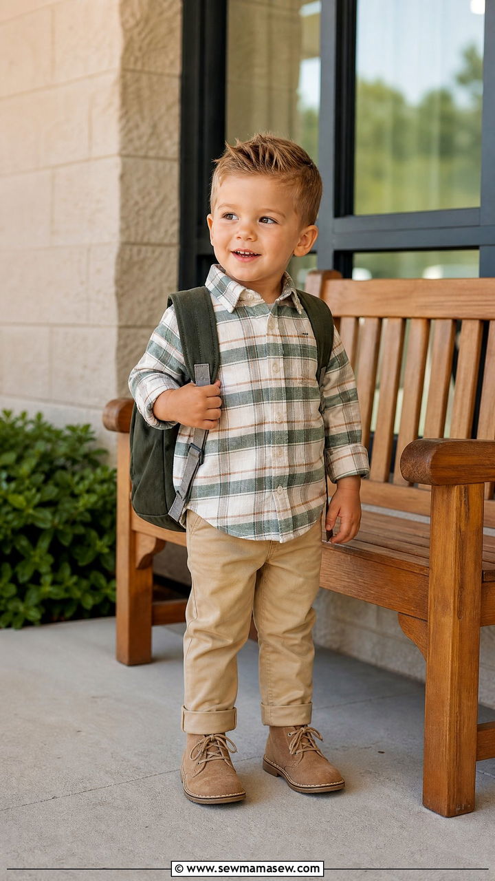 Plaid Button Down Shirt with Twill Pants and Desert Boots - 25 First day of preschool outfit ideas