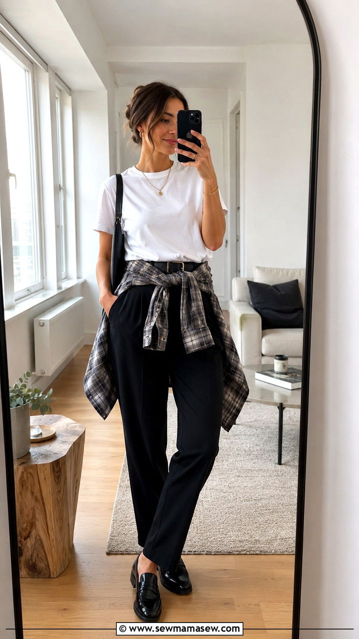 Plaid Button Down Tied At Waist Over White Tee And Black Trousers - 20 Quiet luxury The Row dupes outfit ideas