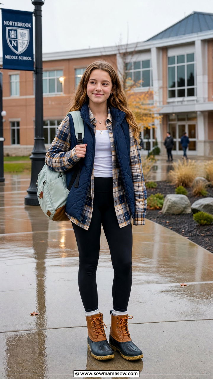 Plaid Button Down With Leggings And Duck Boots - 35 Middle school outfit ideas