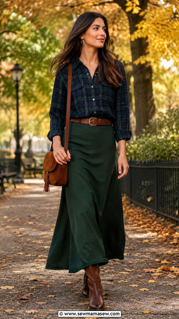 Plaid Button Down With Solid Dark Maxi Skirt - 30 Maxi skirt outfit ideas with a button down