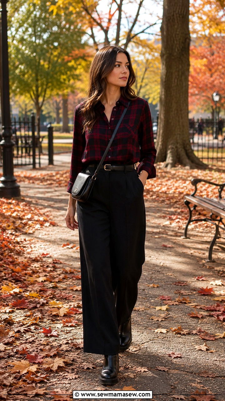 Plaid Button Down and Black Wide Leg Trousers - 25 Wide leg black pants outfit ideas with a button down