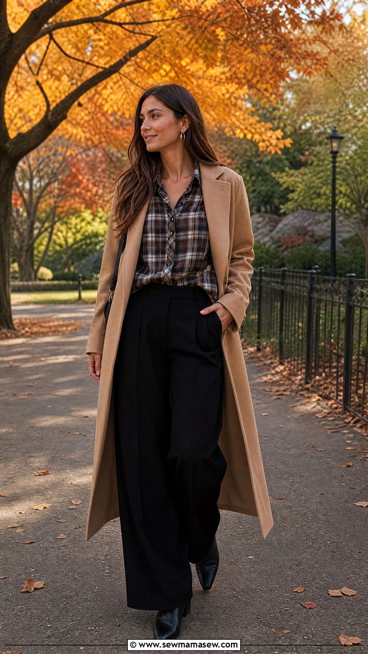 Plaid Button Down with Black Wide Leg Trousers - 25 Wide leg trousers outfit ideas with a button down