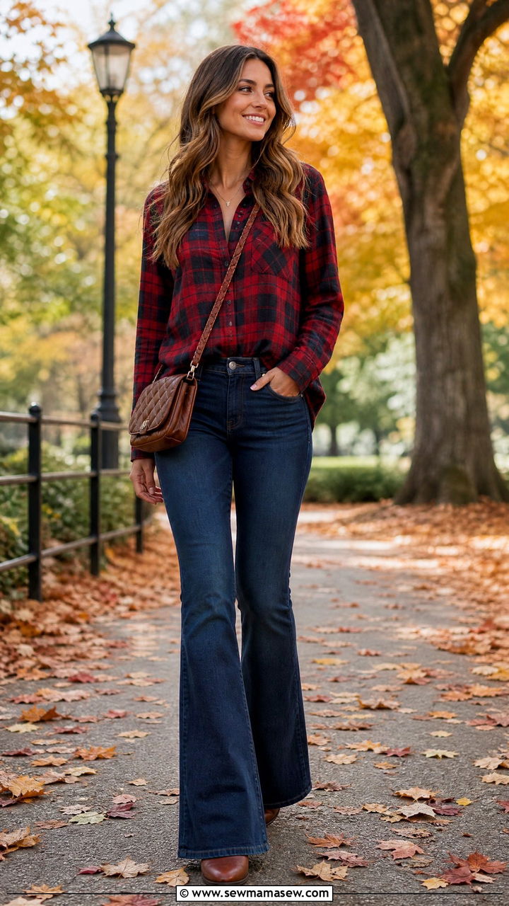 Plaid Button Down with Flare Jeans and Ankle Boots - 30 Flare jeans outfit ideas with a button down