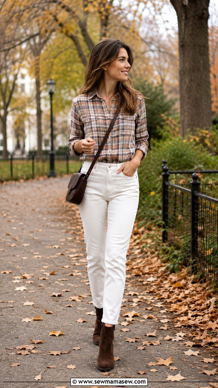 Plaid Button Down with White Jeans - 25 White jeans outfit ideas with a button down