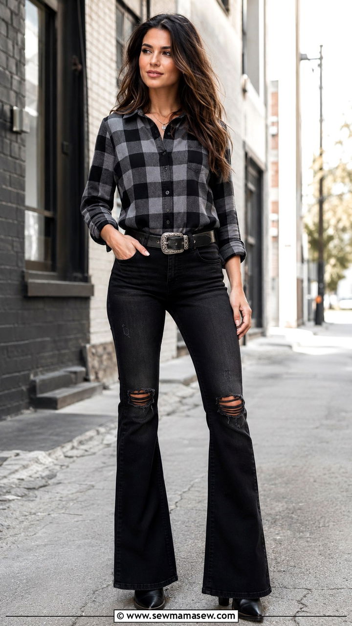 Plaid Button Up Shirt With Distressed Black Flared Jeans - 30 transitional western outfit ideas