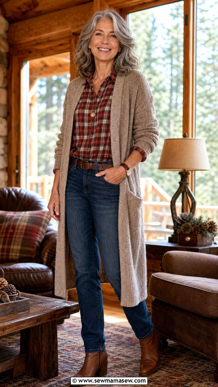 Plaid Button Up with Straight Leg Jeans and a Long Cardigan - 25 Family reunion outfit ideas for women over 50