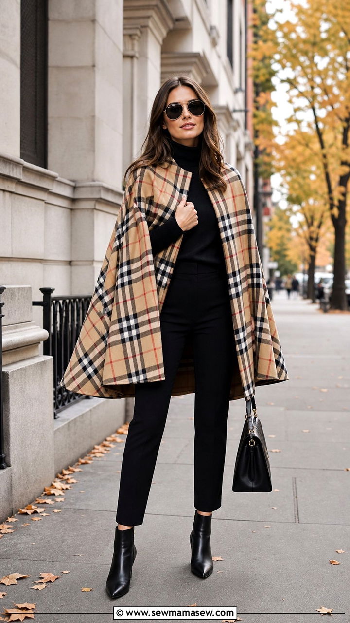 Plaid Cape Coat with Black Turtleneck and Cigarette Pants - 35 Cape coat outfit ideas