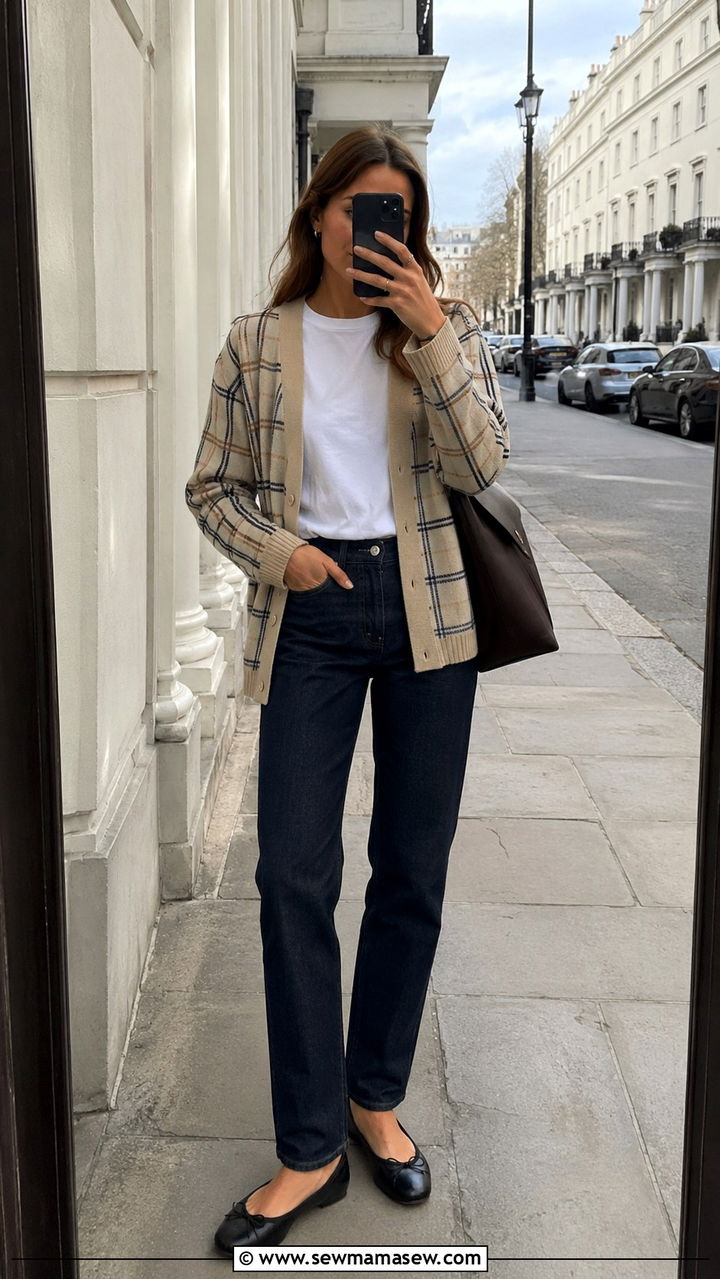 Plaid Cardigan with White Tee and Straight Leg Jeans - 25 Old money outfit ideas with plaid