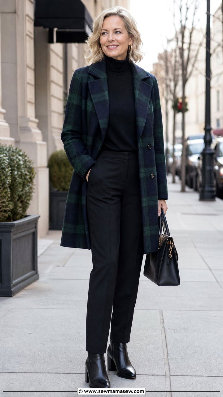 Plaid Coat over Black Turtleneck and Trousers - 30 Sophisticated outfit ideas for women over 40