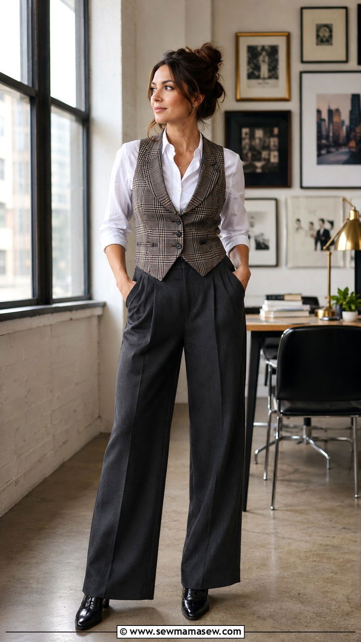 Plaid Cropped Blazer with High Waisted Trousers and Pointed Heels - 25 Old money outfit ideas with plaid