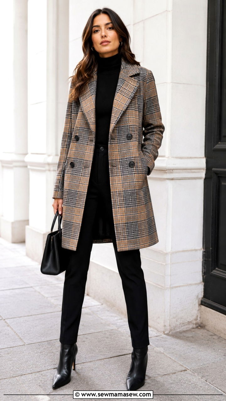 Plaid Double Breasted Coat with Black Turtleneck and Slim Trousers - 30 Double breasted coat outfit ideas
