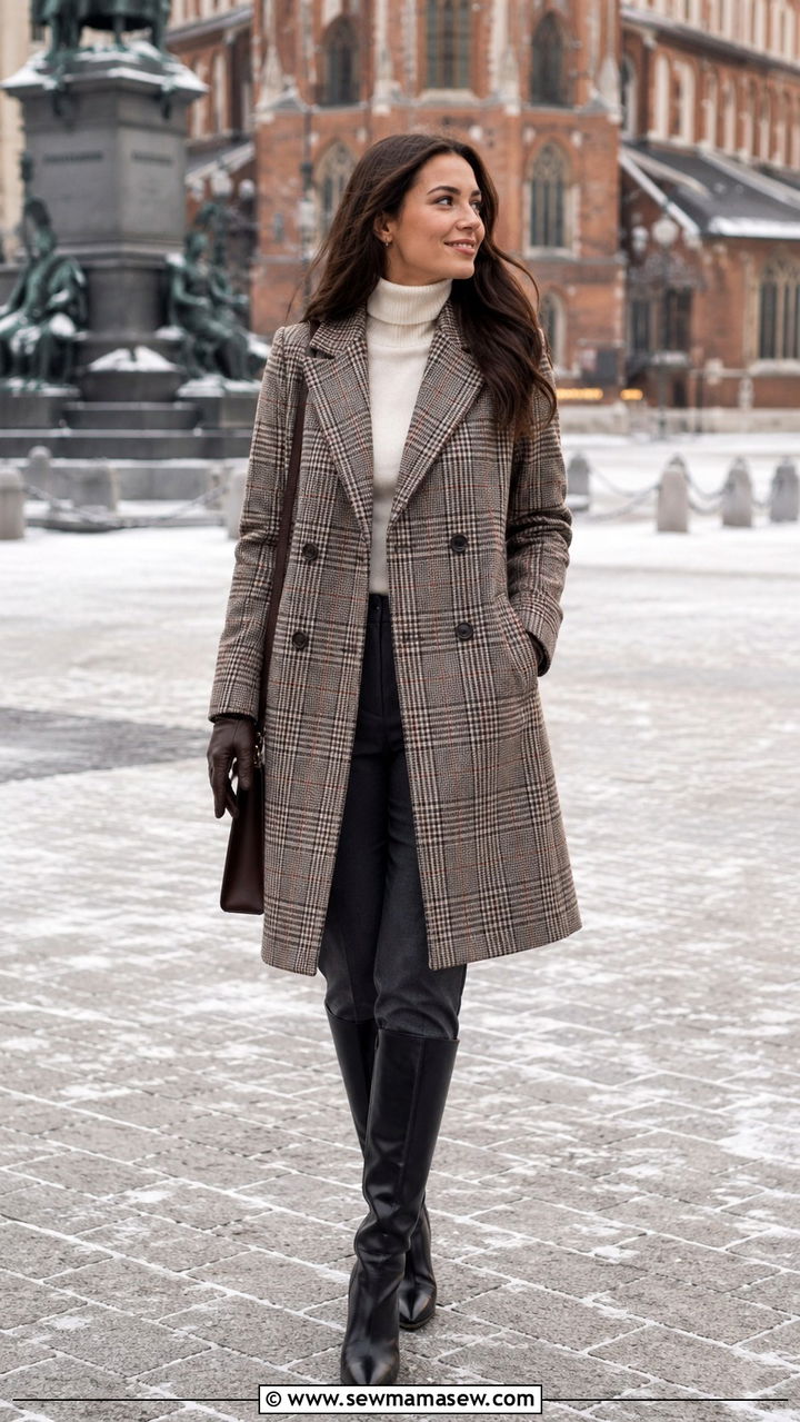 Plaid Double Breasted Coat with Cashmere Turtleneck and Leather Gloves - 25 Old money outfit ideas with plaid