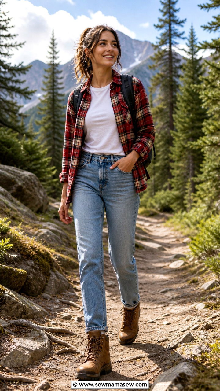 Plaid Flannel And White Tee With Jeans And Hiking Boots - 40 casual travel outfits
