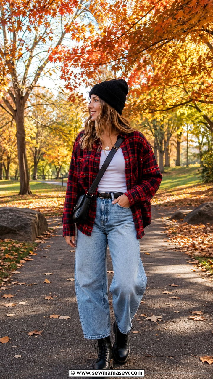 Plaid Flannel Button Down With Barrel Jeans and Combat Boots - 25 Barrel jeans outfit ideas with a button down