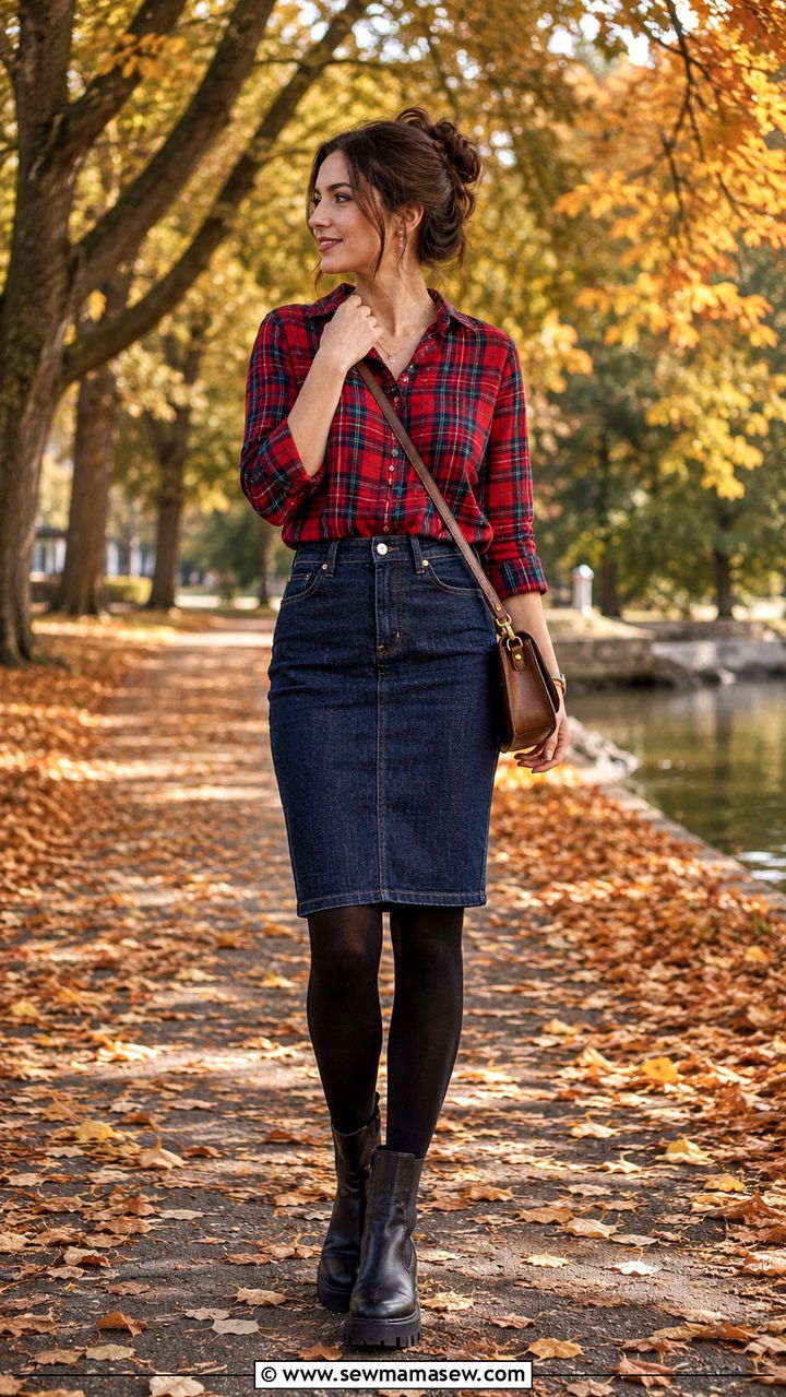 Plaid Flannel Button Down With Denim Pencil Skirt - 30 Pencil skirt outfit ideas with a button down