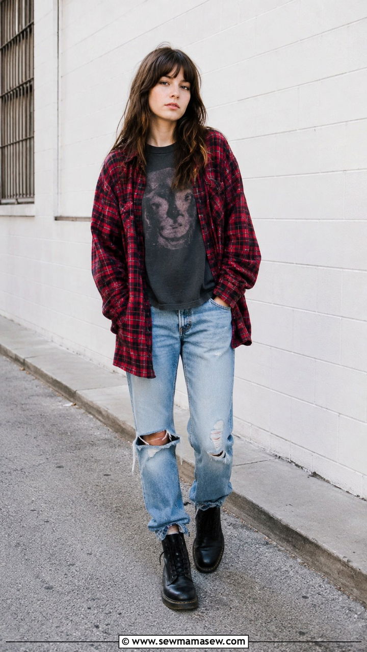 Plaid Flannel Over Band Tee With Distressed Jeans - 25 90s outfits 2026