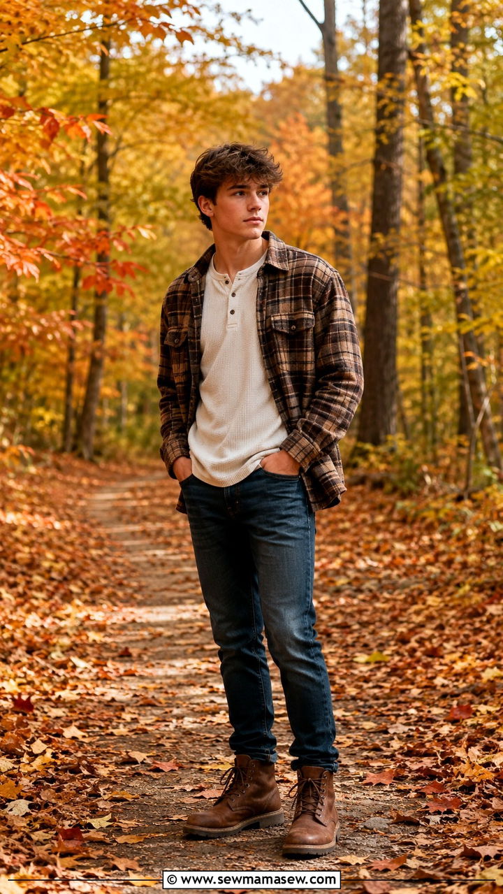 Plaid Flannel Over Solid Henley with Work Boots - 30 Senior photo outfit ideas for guys