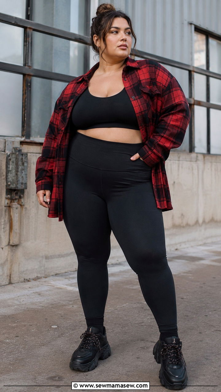 Plaid Flannel Overlay with Basic Gym Essentials - 30 Gym outfit ideas plus size