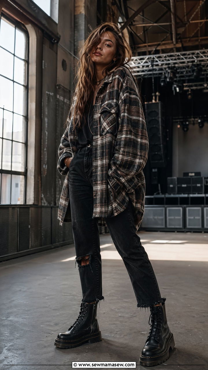 Plaid Flannel Shacket With Black Denim And Combat Boots - 35 Concert outfits for tall women