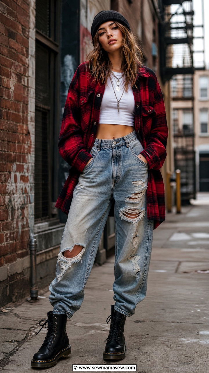 Plaid Flannel Shacket With Distressed Jeans And Combat Boots - 30 streetwear outfits ideas