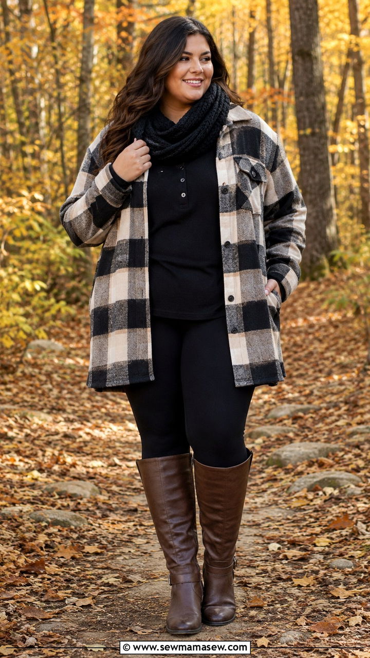 Plaid Flannel Shacket with Leggings and Boots Plus Size - 30 Modest outfit ideas plus size