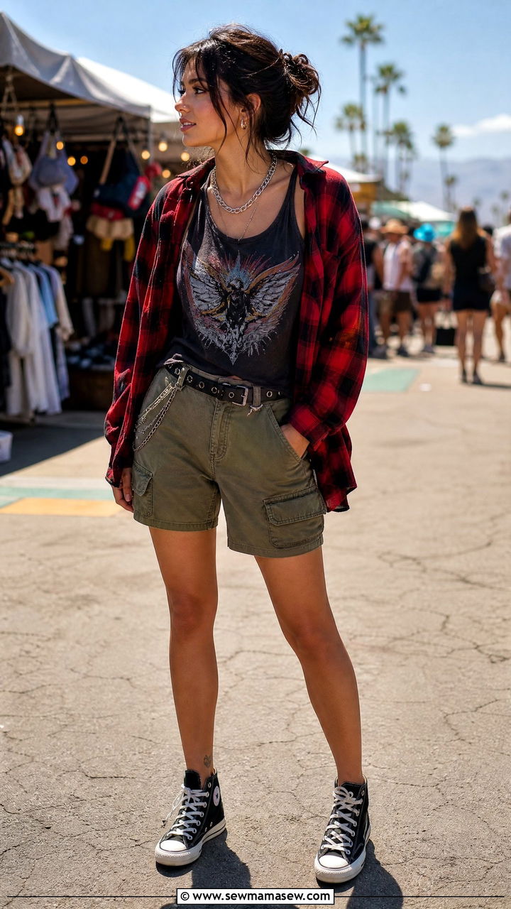Plaid Flannel Shirt Over Band Tank and Cargo Shorts - 30 summer grunge outfits