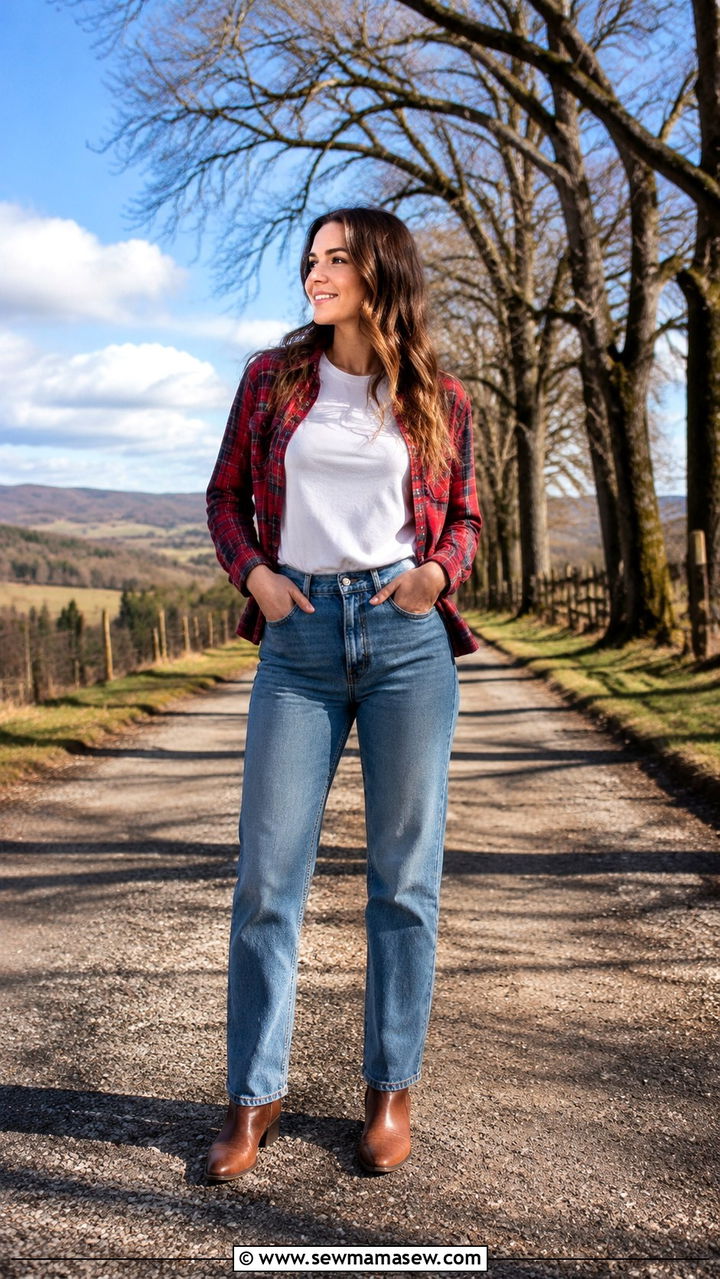 Plaid Flannel Shirt Over Tee with Jeans Outfit - 30 Spring outfit ideas for stay at home mom