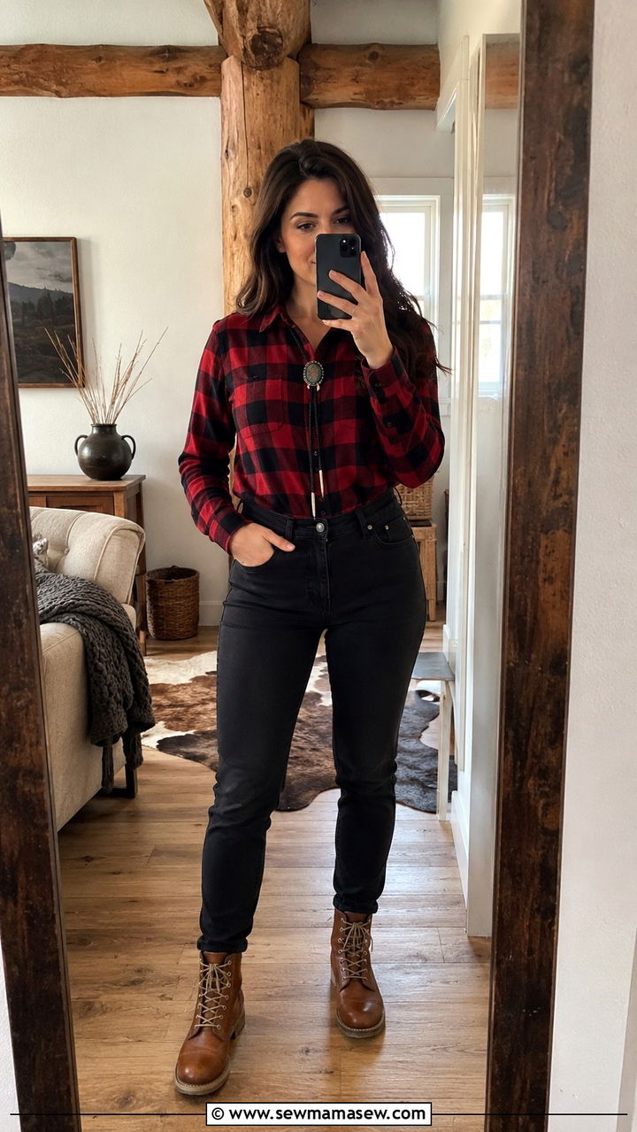 Plaid Flannel Shirt With Bolo Tie - 20 Western outfit ideas with bolo tie
