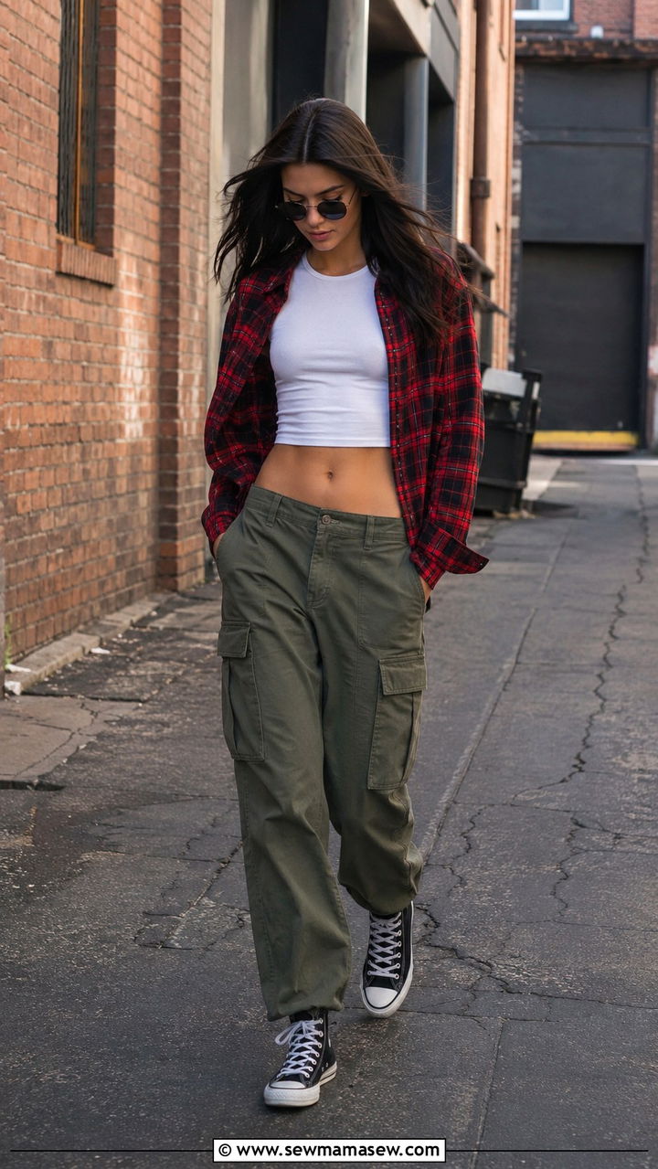Plaid Flannel Shirt With Cropped Tank and Cargo Pants - 30 casual model off duty outfits