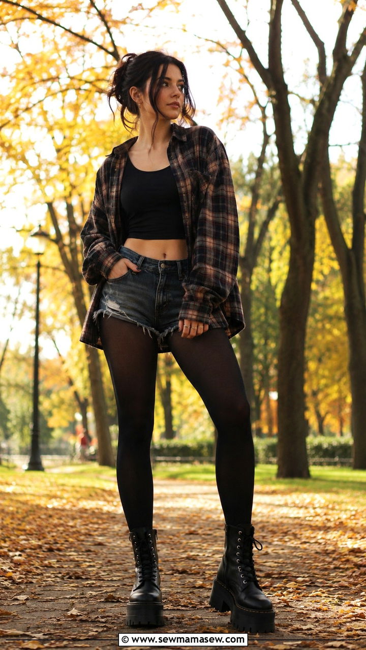 Plaid Flannel Shirt With Distressed Denim Shorts - 30 edgy outfits for women