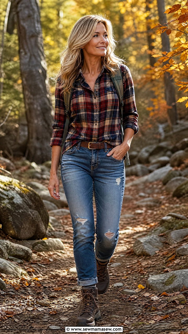Plaid Flannel Shirt With Distressed Hiking Jeans - 30 Hiking outfit ideas for women over 40