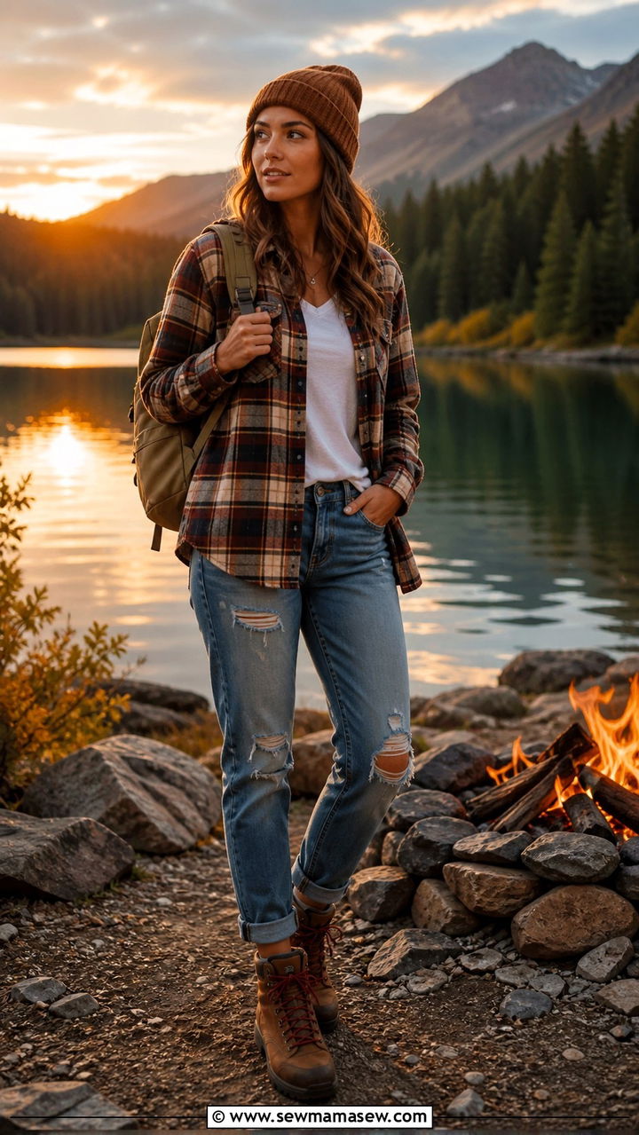 Plaid Flannel Shirt With Distressed Jeans And Hiking Boots - 40 vacation outfits