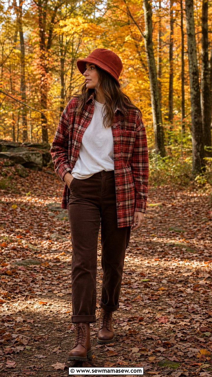 Plaid Flannel Shirt and Corduroy Pants - 35 Bucket hat outfit ideas