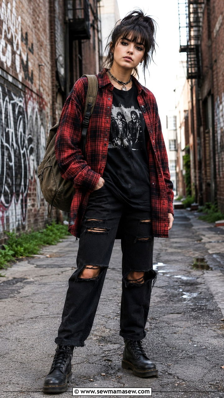 Plaid Flannel Shirt and Ripped Black Jeans Outfit - 25 aesthetic outfits to copy