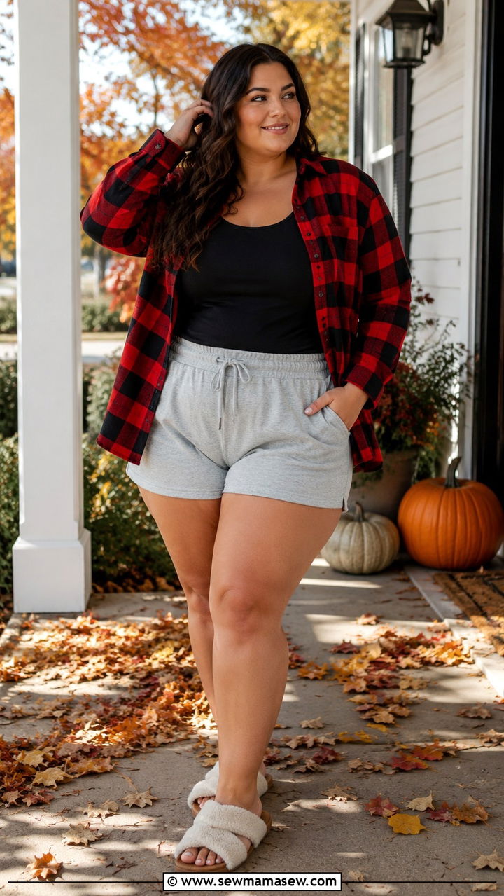 Plaid Flannel Shirt and Sweatshorts - 30 Plus size loungewear outfit ideas