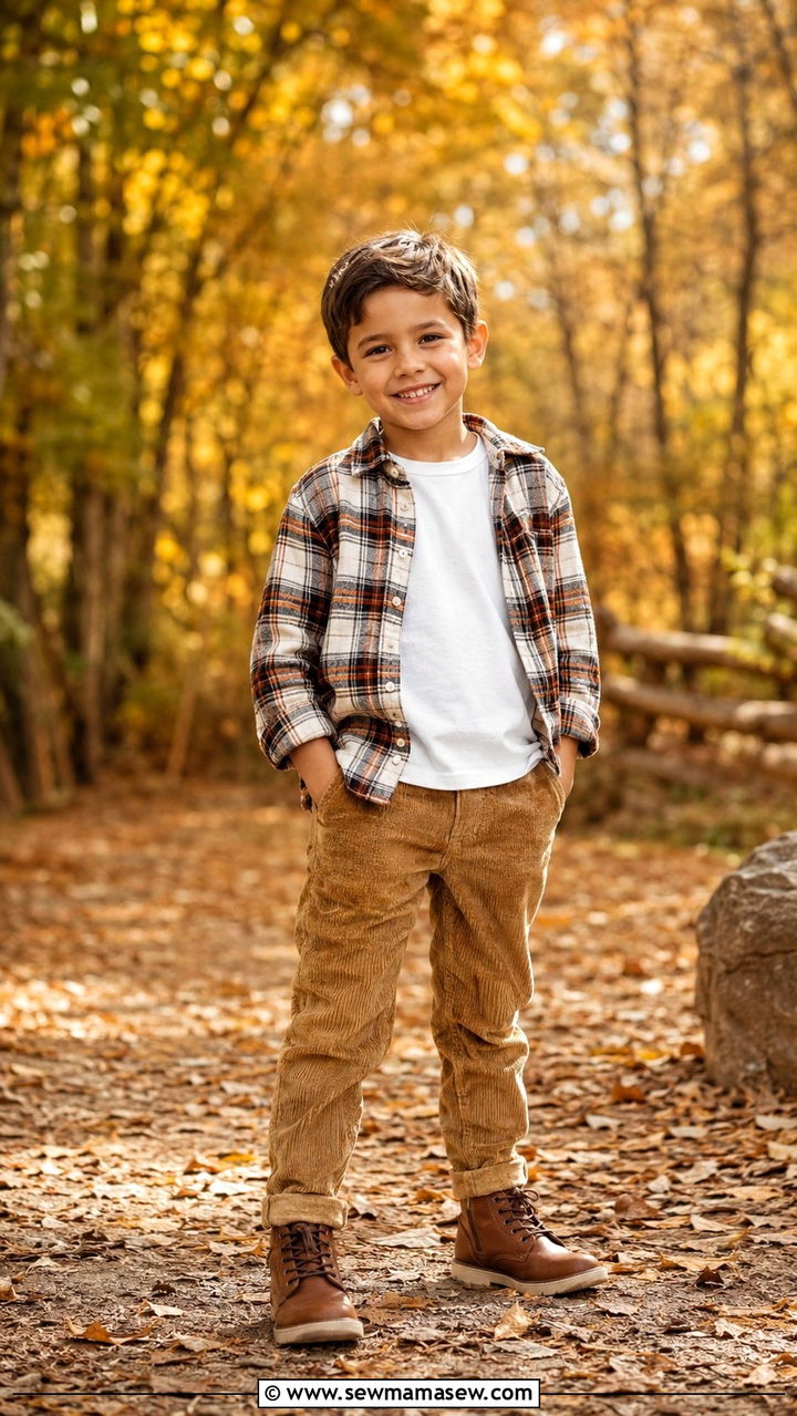 Plaid Flannel Shirt with Corduroy Pants Outfit - 30 Kids family photo outfits