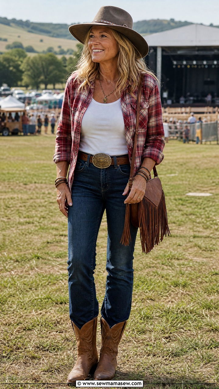 Plaid Flannel Shirt with Dark Jeans and Cowboy Boots - 30 Concert outfits for women over 50