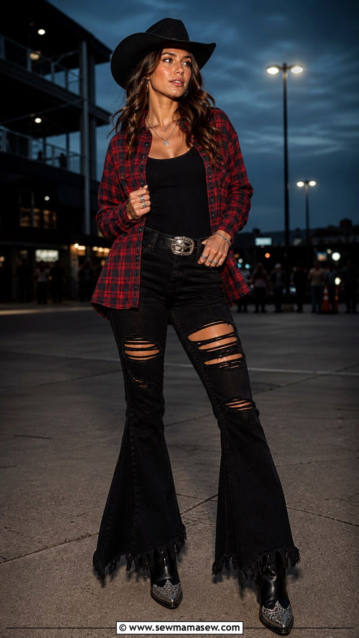 Plaid Flannel Shirt with Distressed Black Flared Jeans - 40 Western outfit ideas